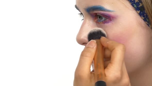 Eye Make-up Woman Applying Eyeshadow, Making Exotic, One, Blue Eyebrow, Yellow Shadow, Blusher