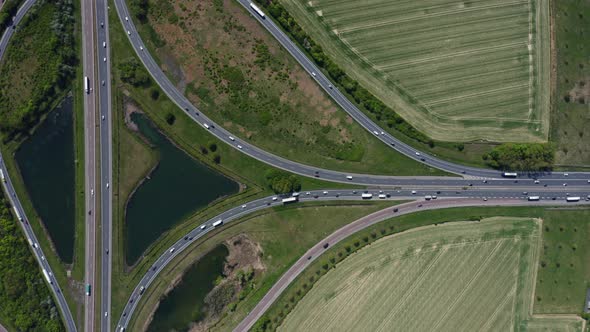 Aerial view of highway interchange. 