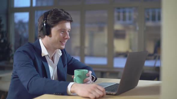 Portrait Adult Man Listen Music Indoors