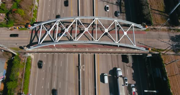 Aerial of cars on 59 South freeway in Houston, Texas on a bright sunny day