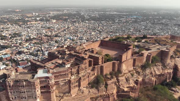 Top view of Mehrangarh Fort exterior parallaxing with Jodhpur cityscape, Rajasthan, India 