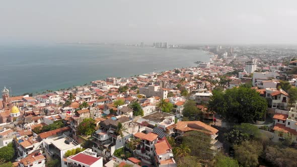 Aerial drone footage of the beautiful town centre of the town of Puerto Vallarta in Mexico