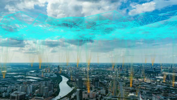 Aerial Timelapse Cityscape in the Summer Daytime with Futuristic Elements of Telecommunications