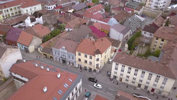 Aerial Drone Shot over a Charming Romanian City Full of Old World Architecture.