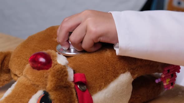 Cute young girl playing doctor with stethoscope and stuffed toys at home.