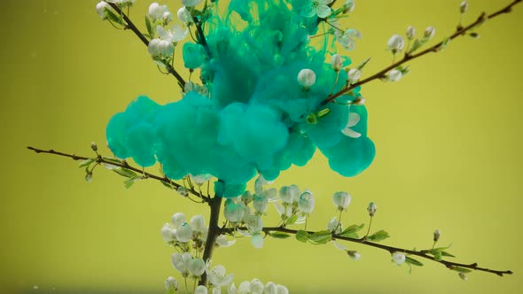 Deep Azure Color Paint Flows in Water with Blooming Branch alt