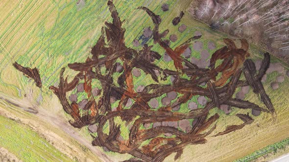 Abstract Heap of Manure on Agricultural Fields Aerial View