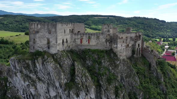 Aerial view of Beckov Castle in the village of Beckov in Slovakia