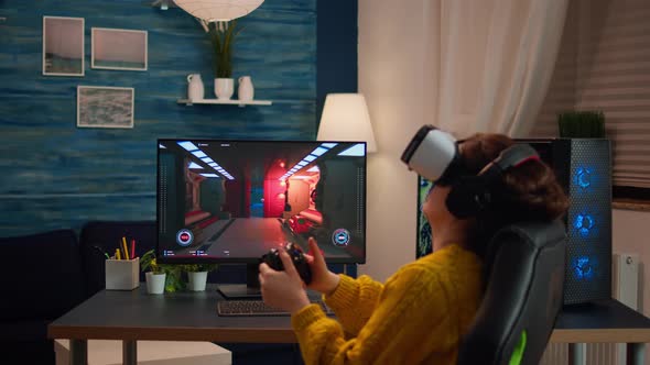 Woman Esport Cyber Playing Online Game with Virtual Reality Headset