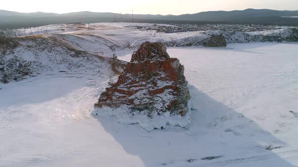 Aerial View on Shamanka Rock on Olkhon Island in the Morning