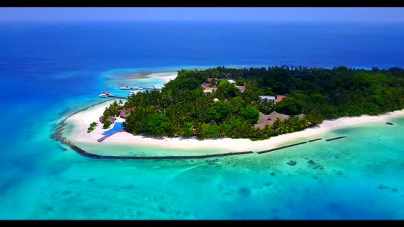 Aerial travel of idyllic coast beach time by aqua blue lagoon and white sand background of journey a