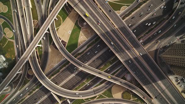 Aerial view of Dubai complex intersection road, United Arab Emirates.