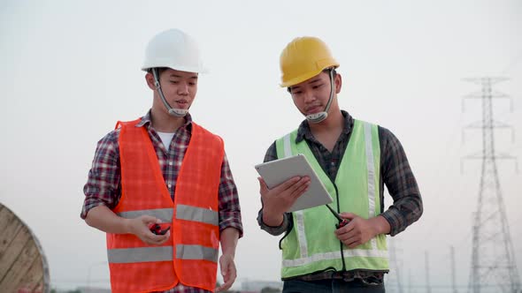 Electrical engineers and The construction of a power line work.