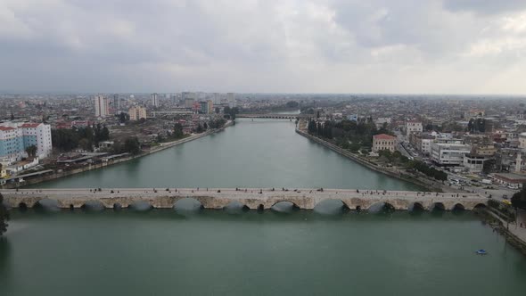 Aerial View of Stone Bridge in Adana Turkey