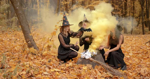 Girls in Witch Costumes Doing Magic in the Autumn Park