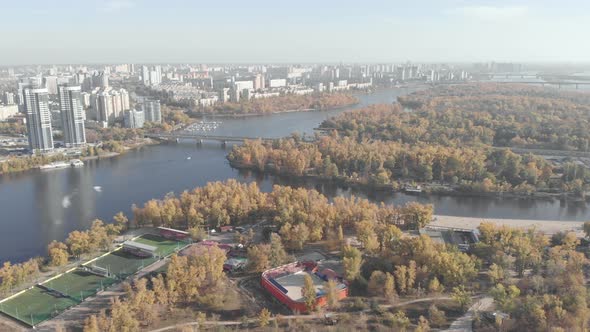 The Left Bank of Kyiv in the Fall. Hydropark. Ukraine. Dnipro River. Aerial View