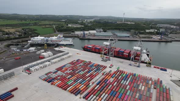 Ringaskiddy container terminal Port of Cork Ireland panning drone aerial view