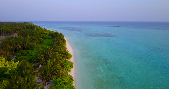 Natural drone copy space shot of a white paradise beach and blue water background in best quality 4K