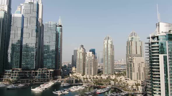 High Angle View on the Skyscrapers of Dubai Marina Over the Docks with Yachts