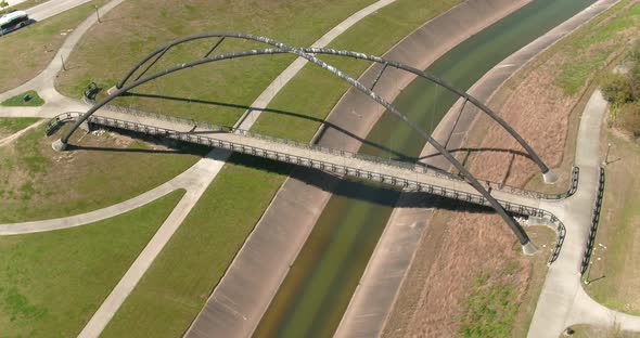 Aerial of bridge over the Buffalo Bayou in Houston, Texas