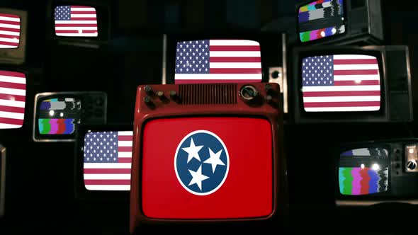 Flag of Tennessee and US Flags on Retro TVs.