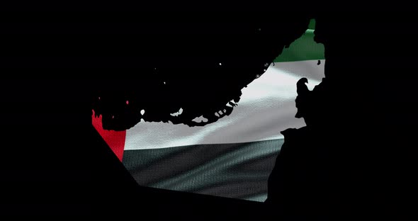 UAE national flag background with country shape outline. Alpha channel animation