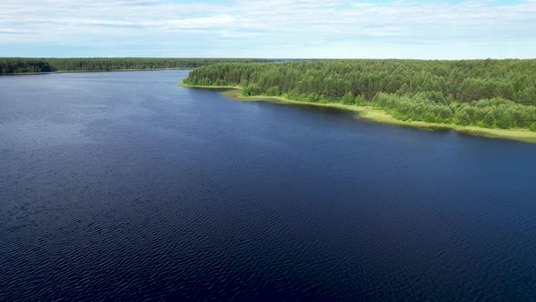 Flight Over the Taiga Forest Lake