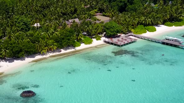 Aerial tourism of coast beach journey by lagoon with sand background