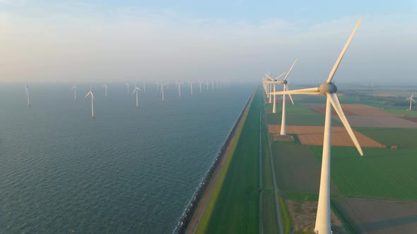 Huge Windmill Turbines Offshore Windmill Farm in the Ocean Westermeerwind Park Windmills Isolated at