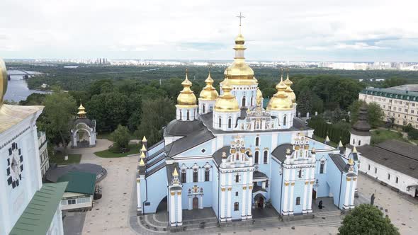 The Architecture of Kyiv. Ukraine: St. Michael's Golden-Domed Monastery. Aerial View. Slow Motion