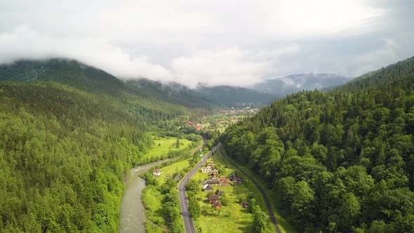 Aerial view of green Carpathian mountains covered with evergreen spruce pine foreston 