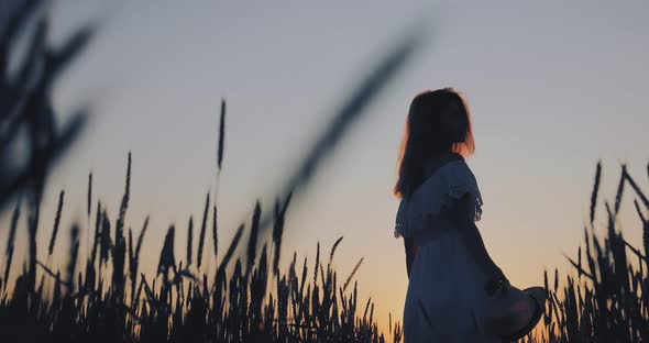 Silhouette of a Woman in a Field Ears of Wheat