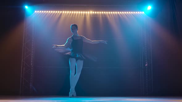 Silhouette a Young Flexible Ballerina in Black Tutu and Pointe Ballet Shoes, Graceful Dancing 