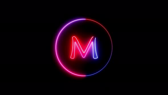 Glowing neon font. Blue, pink and red color glowing neon letter.