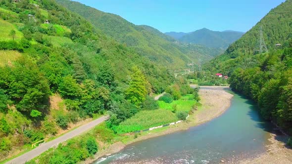 A bird's-eye view of a village in Georgia, located on the bank of Chorokhi River