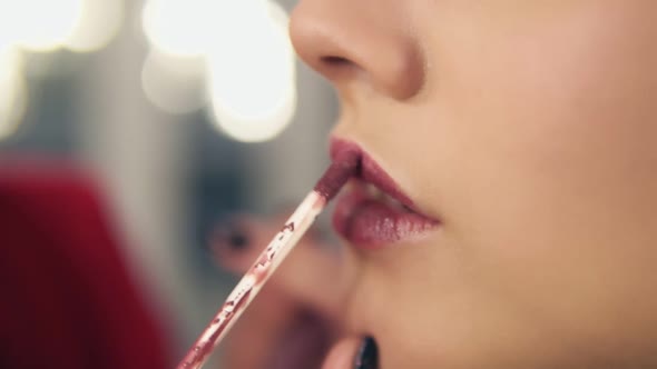 Closeup View of a Professional Makeup Artist Applying Lipstick on Model's Lips Working in Beauty