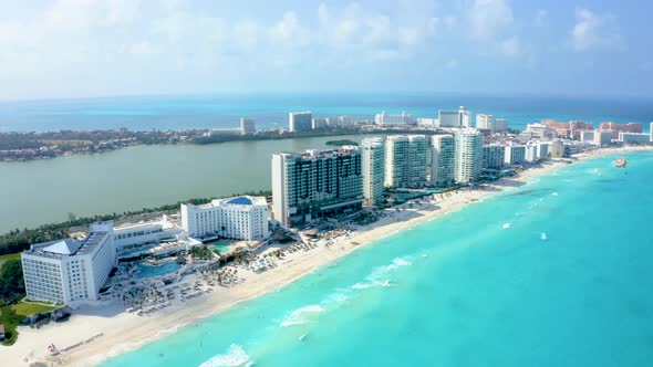 Aerial View of Cancun Mexico Showing Luxury Resorts and Blue Turquoise Beach