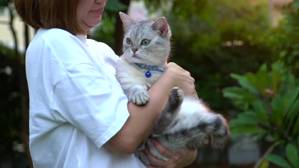 Asian Woman Holding Her Cat In The Light Of Sunset