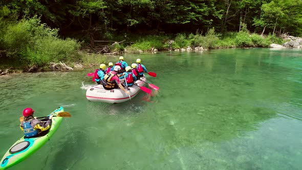 Aerial view of rafters at the Soca river's shore in Slovenia.