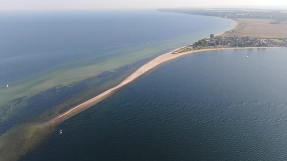 Flying over the sandbar in Rewa village at the Baltic Sea in Poland, Europe