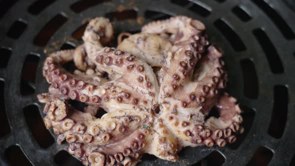 Restaurant gourmet seafood dish preparation, charring delicious octopus on a sizzling hot grill smok