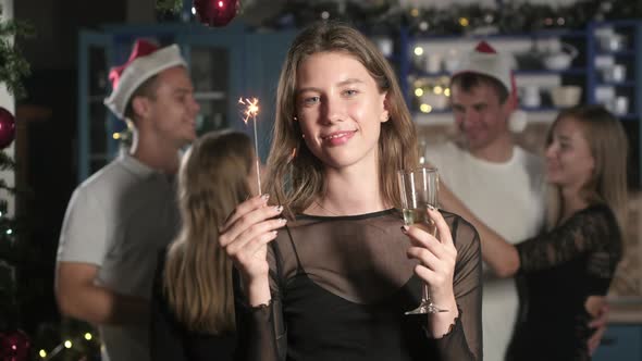 Portrait of beautiful young girl with a glass of wine and sparklers in her hand