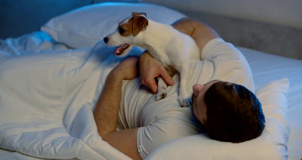 a Man Is Lying on a Sofa with White Bed Linen with His Dog on His Stomach. the Guy Touches the Dog's