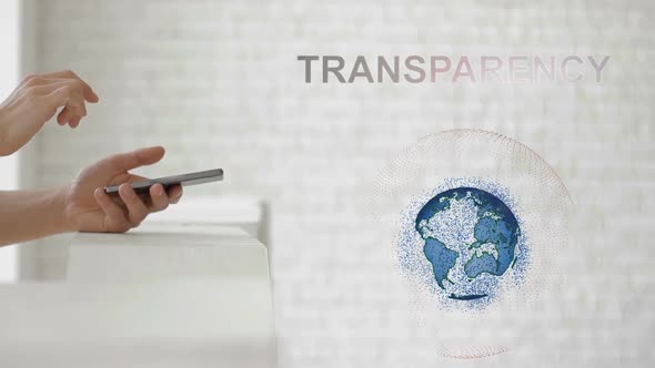 Hands Launch the Earth's Hologram and Transparency Text