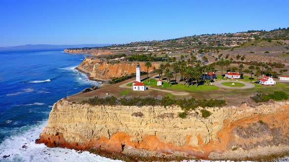 Aerial view panning down on the lighthouse in Rancho Palos Verdes.