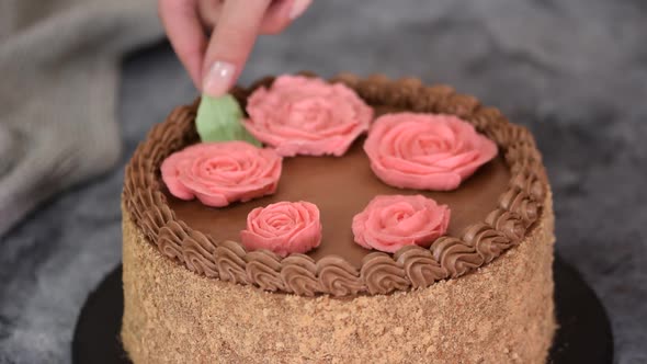 Female Hands Decorate Homemade Kiev Cake with Cream Flowers and Leafs