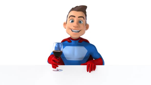 Fun 3D cartoon superhero with a glass of wine