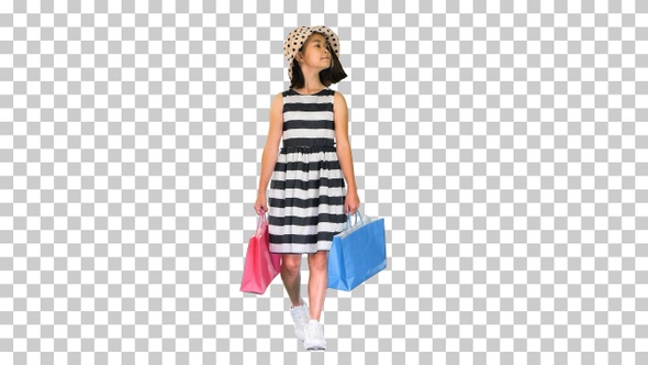 Asian shopping school girl walking and smiling, Alpha Channel