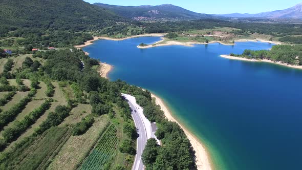 Flying above beautiful landscape of artificial lake of Peruca, Croatia