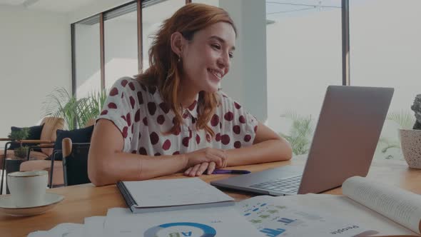 Young Business Woman Work at Home Virtual Video Conference Meeting Via Laptop